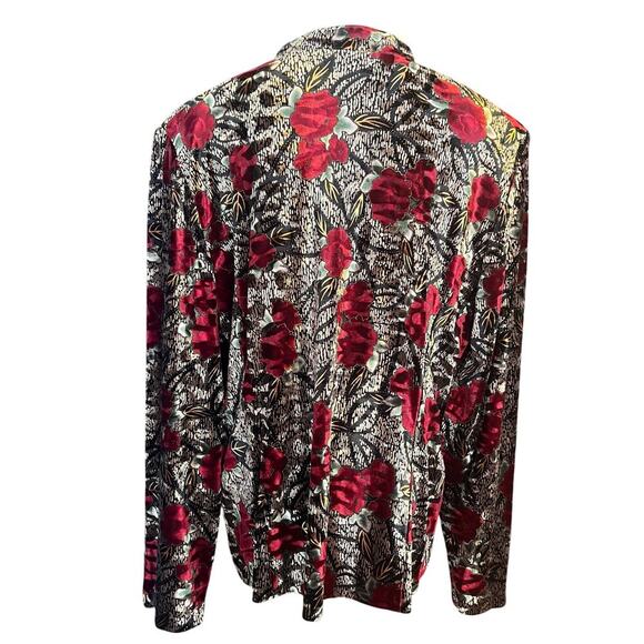 R&K Vintage Evening Black/Red/Gold Velour Feel Button Down Women's Top.  Size 18 - Picture 2 of 8